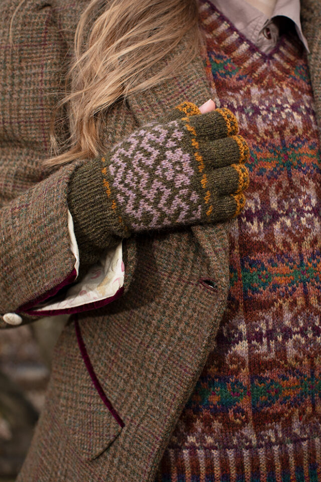 Casseopia Hat Set and Thoroughbred Vest patterncard kit designs by Alice Starmore in Hebridean 2 Ply yarn