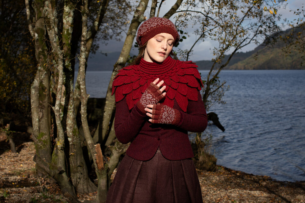 Casseopia Hat Set and Eagle Collar patterncard kit designs by Alice Starmore in Hebridean 2 Ply yarn