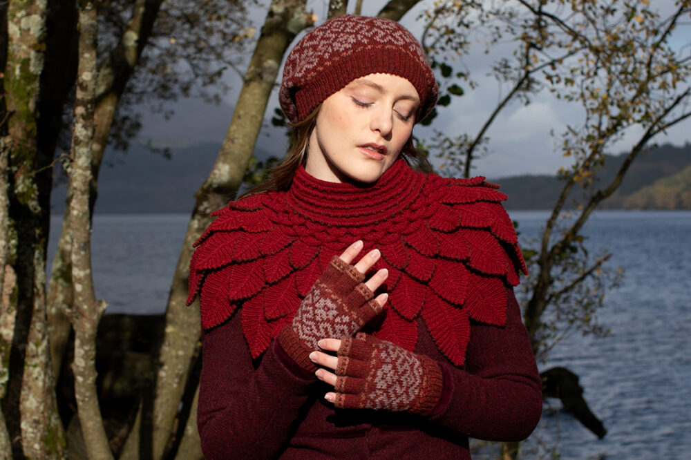 Casseopia Hat Set and Eagle Collar patterncard kit designs by Alice Starmore in Hebridean 2 Ply yarn