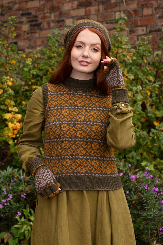 Cassiopiea Hat Set and Vest patterncard kit designs by Alice Starmore in Hebridean 2 Ply yarn