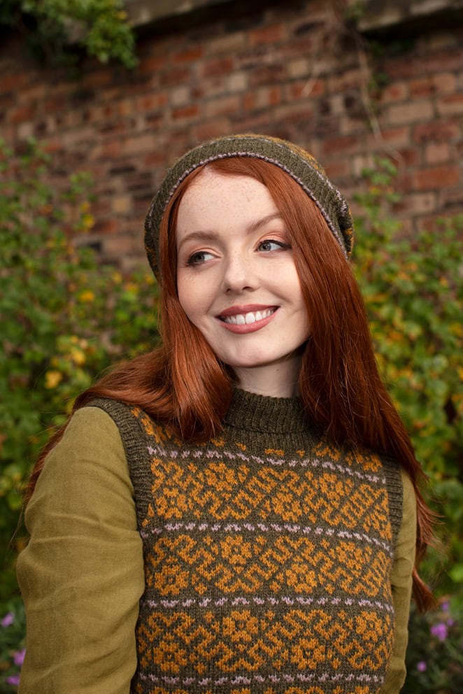 Cassiopiea Hat Set and Vest patterncard kit designs by Alice Starmore in Hebridean 2 Ply yarn