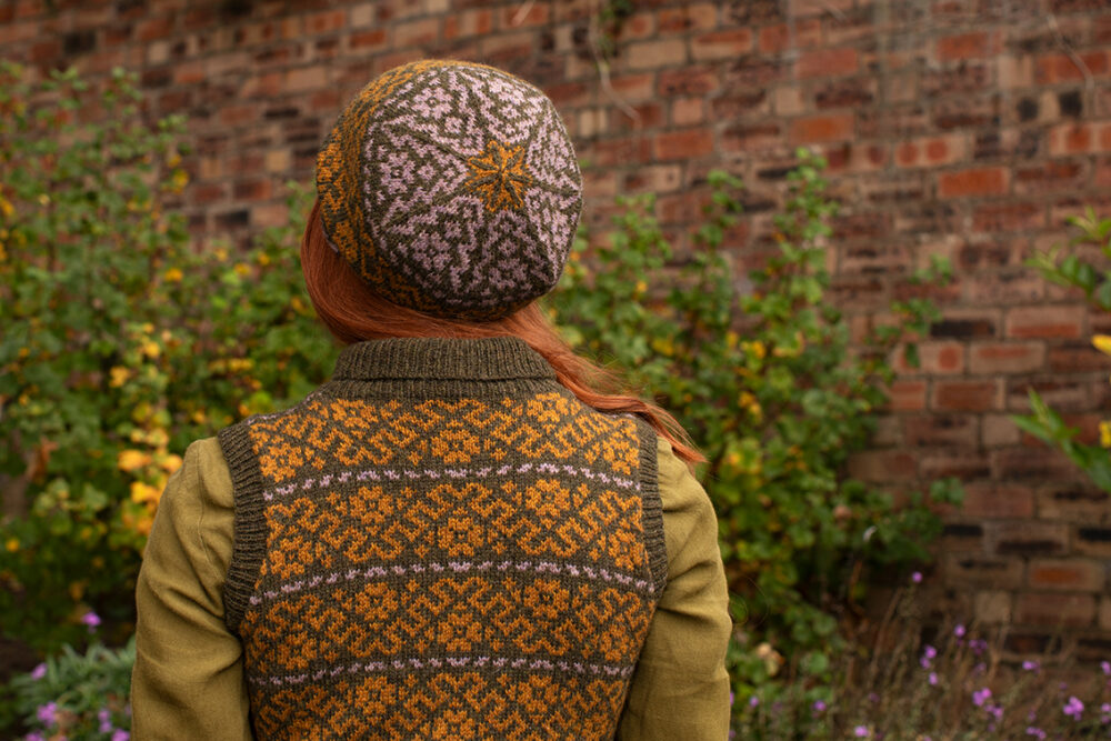 Cassiopiea Hat Set and Vest patterncard kit designs by Alice Starmore in Hebridean 2 Ply yarn