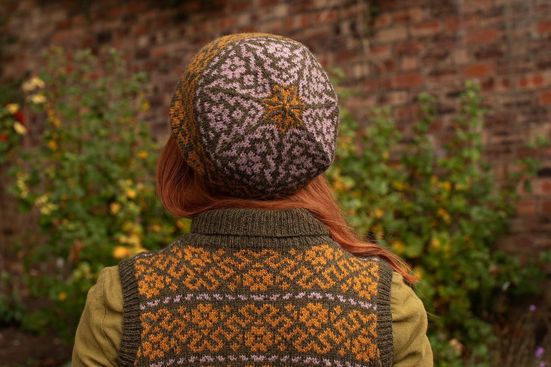 Cassiopiea Hat Set and Vest patterncard kit designs by Alice Starmore in Hebridean 2 Ply yarn