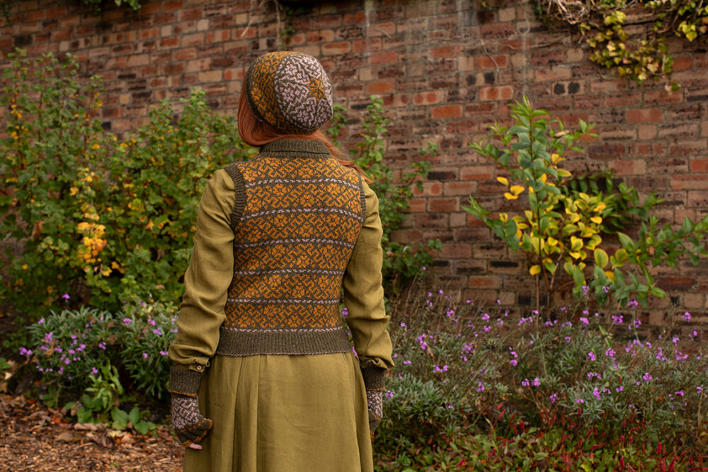 Cassiopiea Hat Set and Vest patterncard kit designs by Alice Starmore in Hebridean 2 Ply yarn