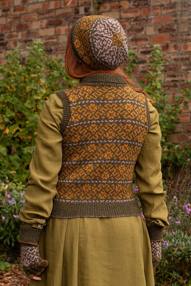 Cassiopiea Hat Set and Vest patterncard kit designs by Alice Starmore in Hebridean 2 Ply yarn