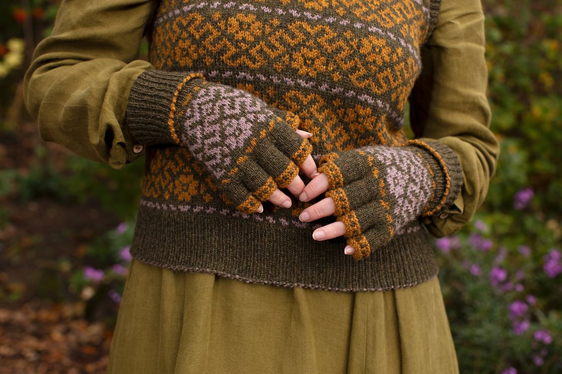 Cassiopiea Hat Set and Vest patterncard kit designs by Alice Starmore in Hebridean 2 Ply yarn