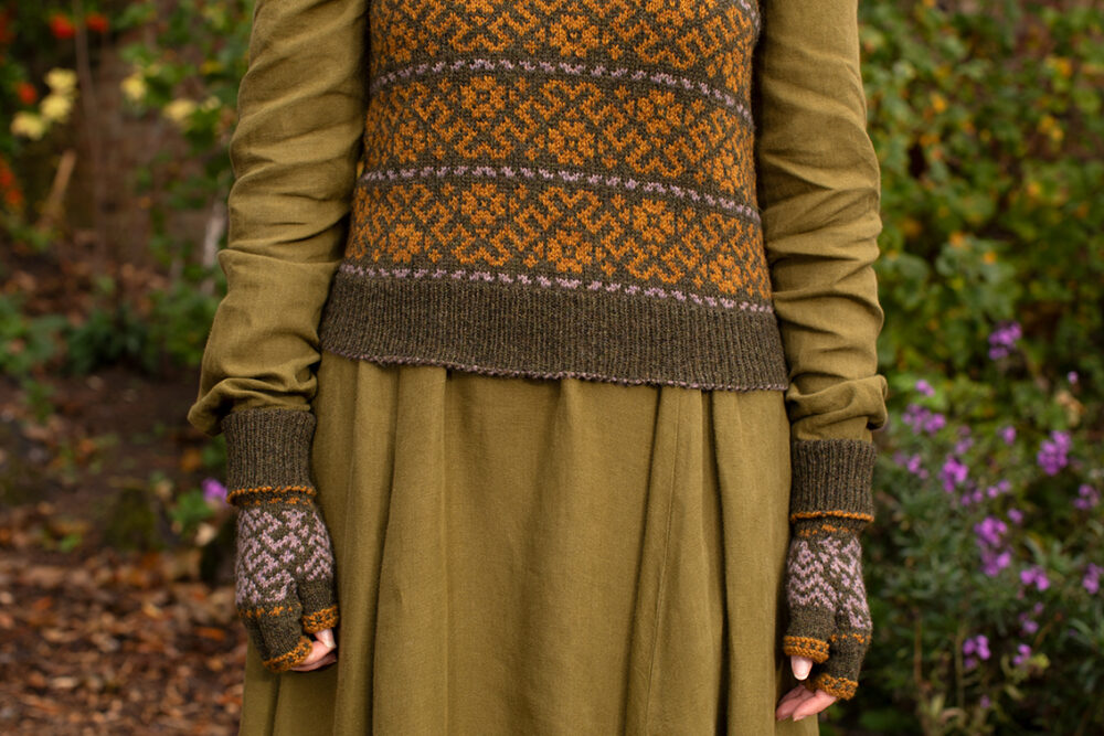 Cassiopiea Hat Set and Vest patterncard kit designs by Alice Starmore in Hebridean 2 Ply yarn