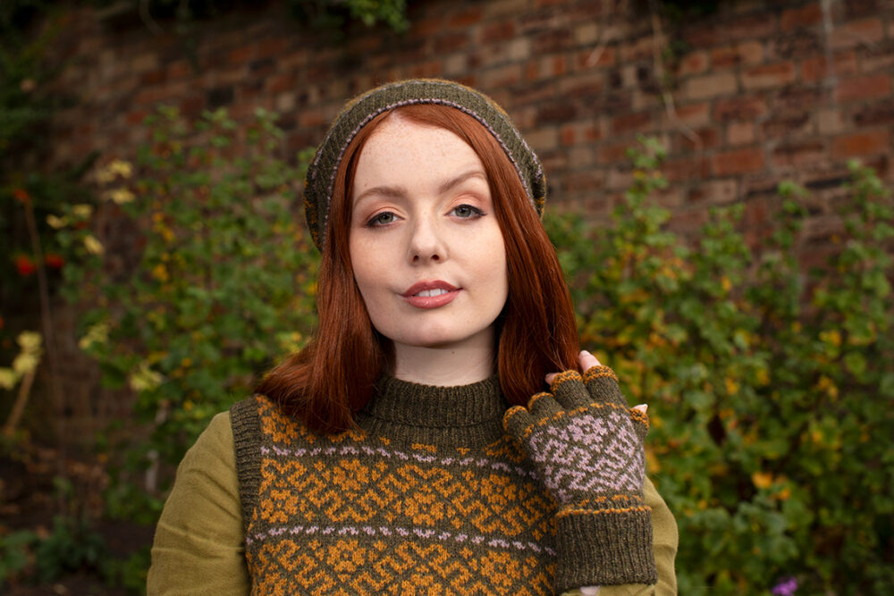 Cassiopiea Hat Set and Vest patterncard kit designs by Alice Starmore in Hebridean 2 Ply yarn