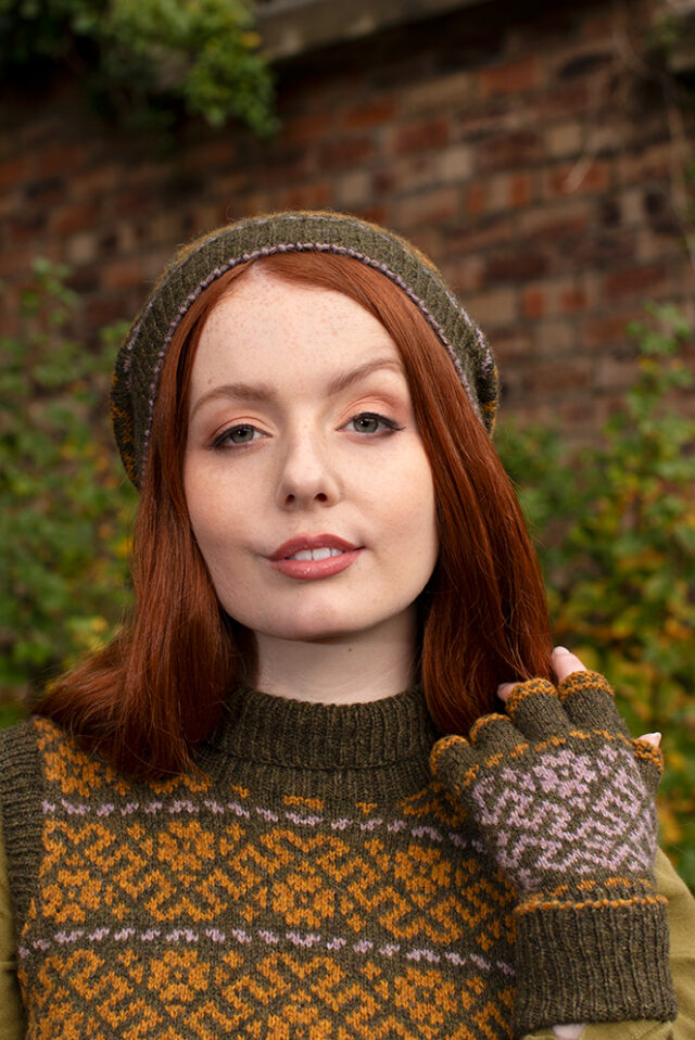 Cassiopiea Hat Set and Vest patterncard kit designs by Alice Starmore in Hebridean 2 Ply yarn