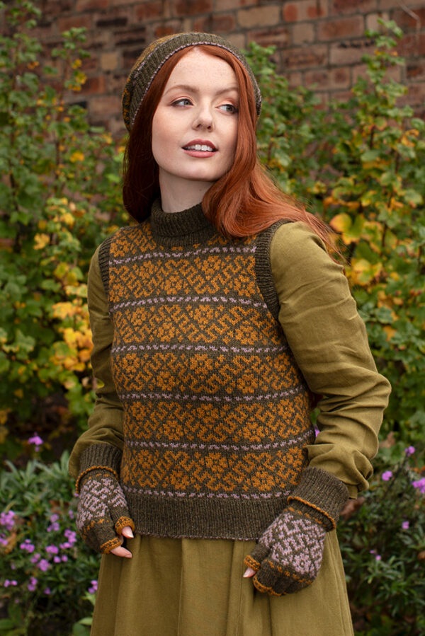 Cassiopiea Hat Set and Vest patterncard kit designs by Alice Starmore in Hebridean 2 Ply yarn