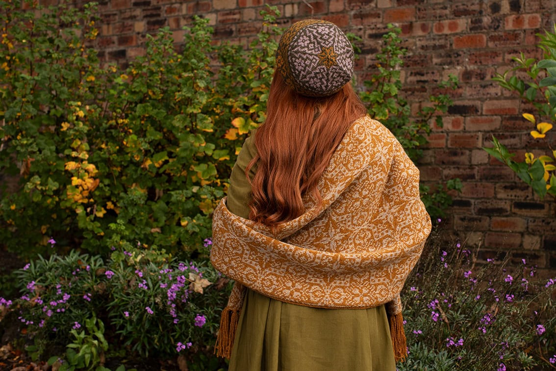 Cassiopiea Hat Set and Vest patterncard kit designs by Alice Starmore and Persian Tiles wrap by Jade Starmore in Hebridean 2 Ply yarn