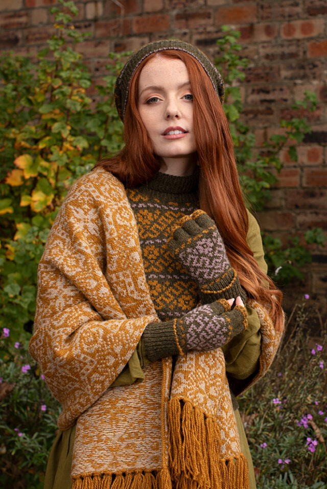 Cassiopiea Hat Set and Vest patterncard kit designs by Alice Starmore and Persian Tiles wrap by Jade Starmore in Hebridean 2 Ply yarn