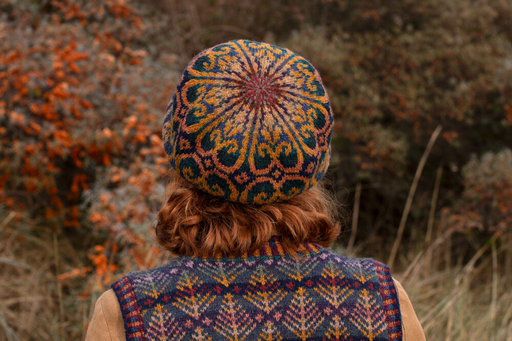 Henry VIII Hat Set and Oregon Autumn Vest patterncard kit designs by Alice Starmore in Hebridean 2 Ply yarn