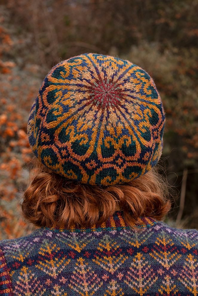 Henry VIII Hat Set and Oregon Autumn Vest patterncard kit designs by Alice Starmore in Hebridean 2 Ply yarn