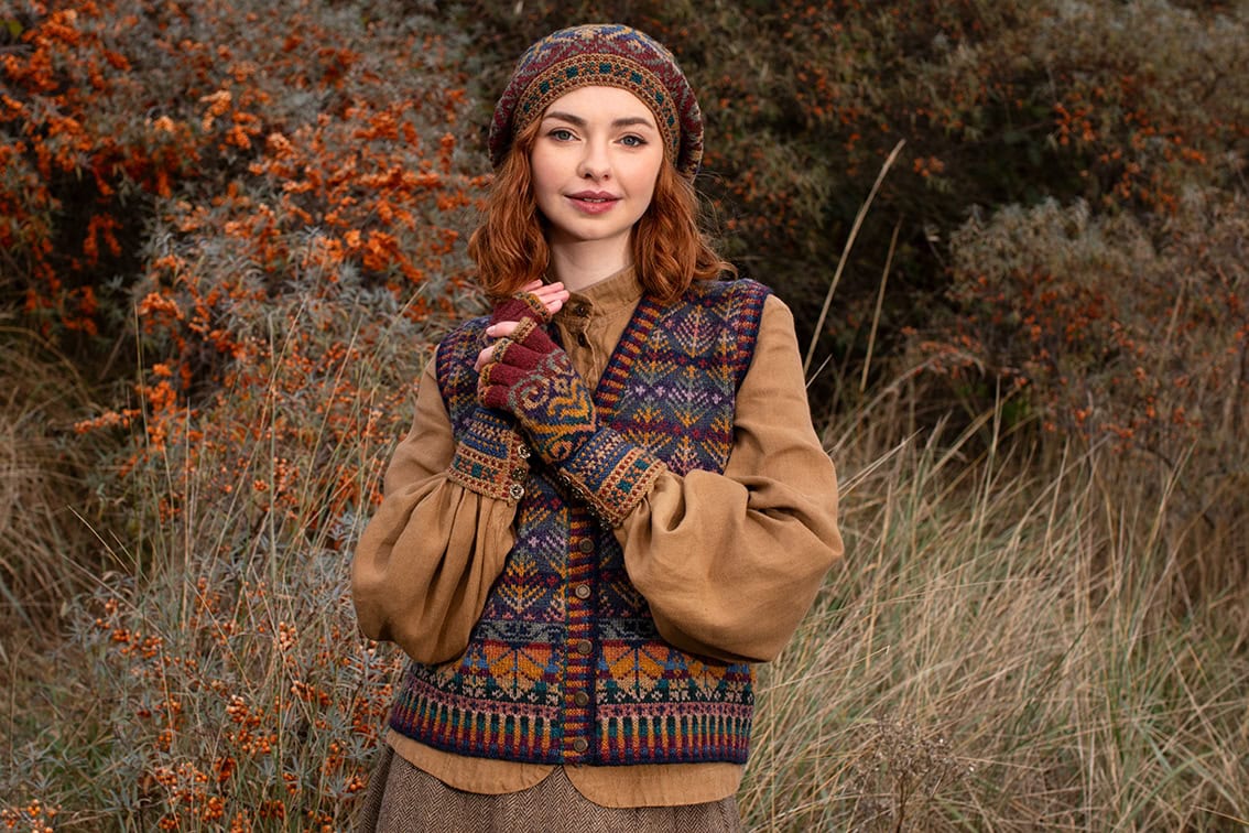 Henry VIII Hat Set and Oregon Autumn Vest patterncard kit designs by Alice Starmore in Hebridean 2 Ply yarn