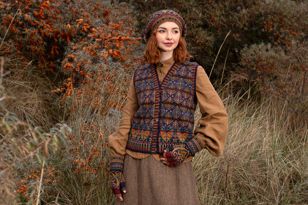 Henry VIII Hat Set and Oregon Autumn Vest patterncard kit designs by Alice Starmore in Hebridean 2 Ply yarn