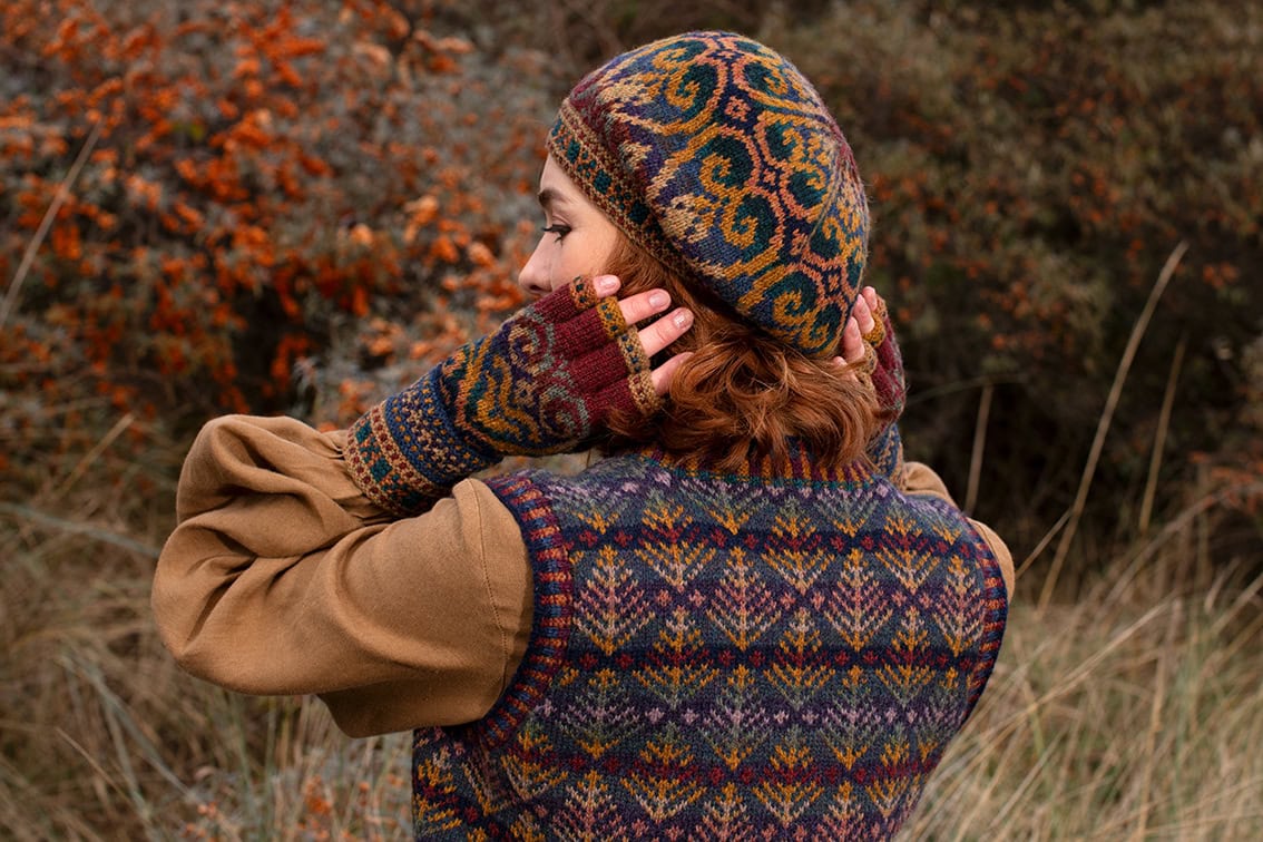 Henry VIII Hat Set and Oregon Autumn Vest patterncard kit designs by Alice Starmore in Hebridean 2 Ply yarn