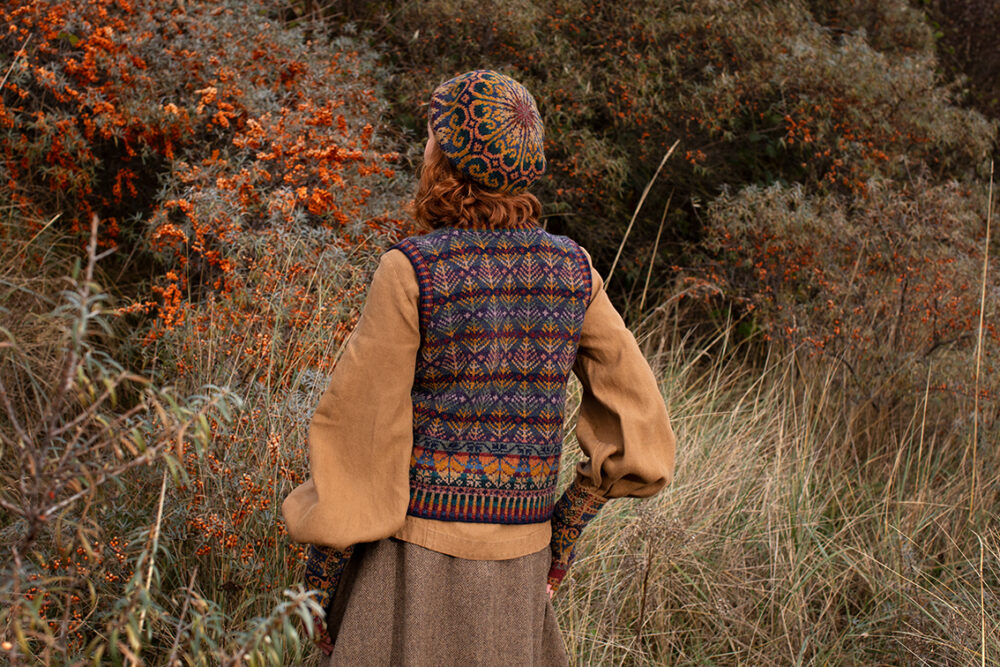 Henry VIII Hat Set and Oregon Autumn Vest patterncard kit designs by Alice Starmore in Hebridean 2 Ply yarn