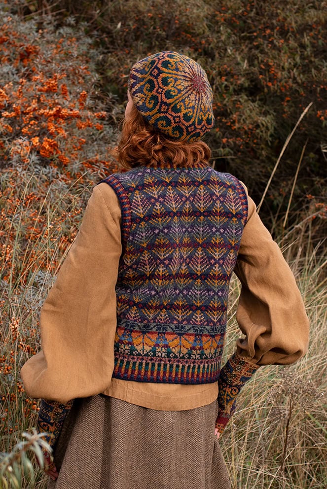 Henry VIII Hat Set and Oregon Autumn Vest patterncard kit designs by Alice Starmore in Hebridean 2 Ply yarn