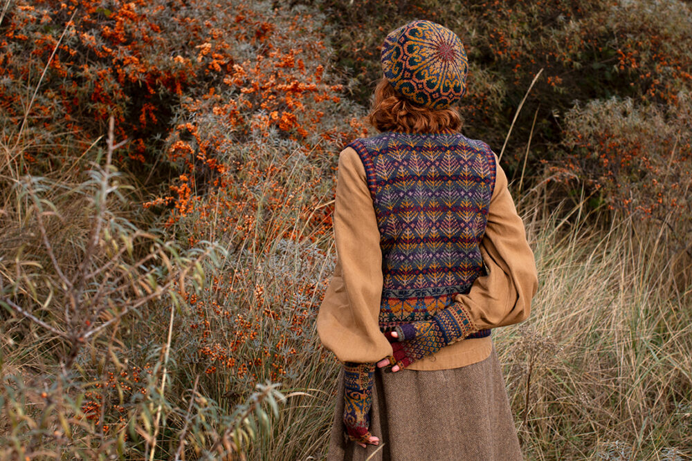 Henry VIII Hat Set and Oregon Autumn Vest patterncard kit designs by Alice Starmore in Hebridean 2 Ply yarn