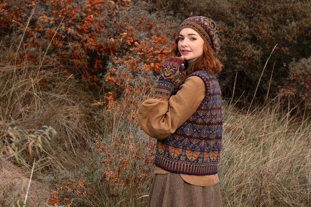 Henry VIII Hat Set and Oregon Autumn Vest patterncard kit designs by Alice Starmore in Hebridean 2 Ply yarn