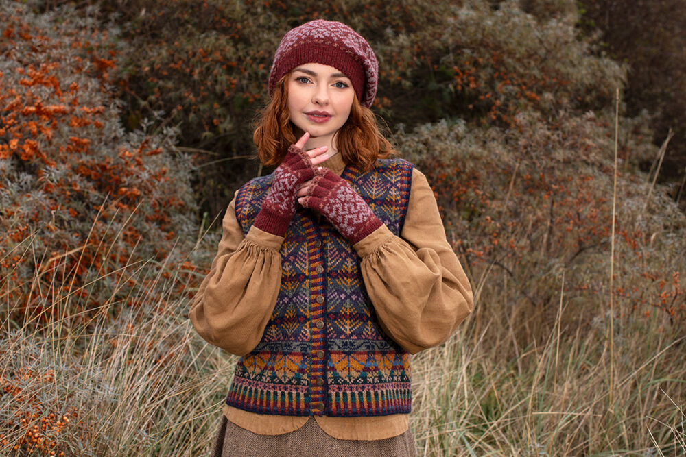 Casseopia Hat Set and Oregon Autumn Vest patterncard kit designs by Alice Starmore in Hebridean 2 Ply yarn