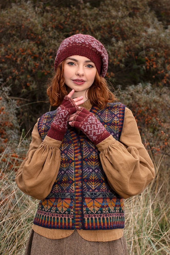 Casseopia Hat Set and Oregon Autumn Vest patterncard kit designs by Alice Starmore in Hebridean 2 Ply yarn