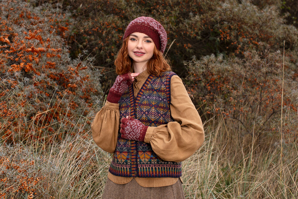Casseopia Hat Set and Oregon Autumn Vest patterncard kit designs by Alice Starmore in Hebridean 2 Ply yarn