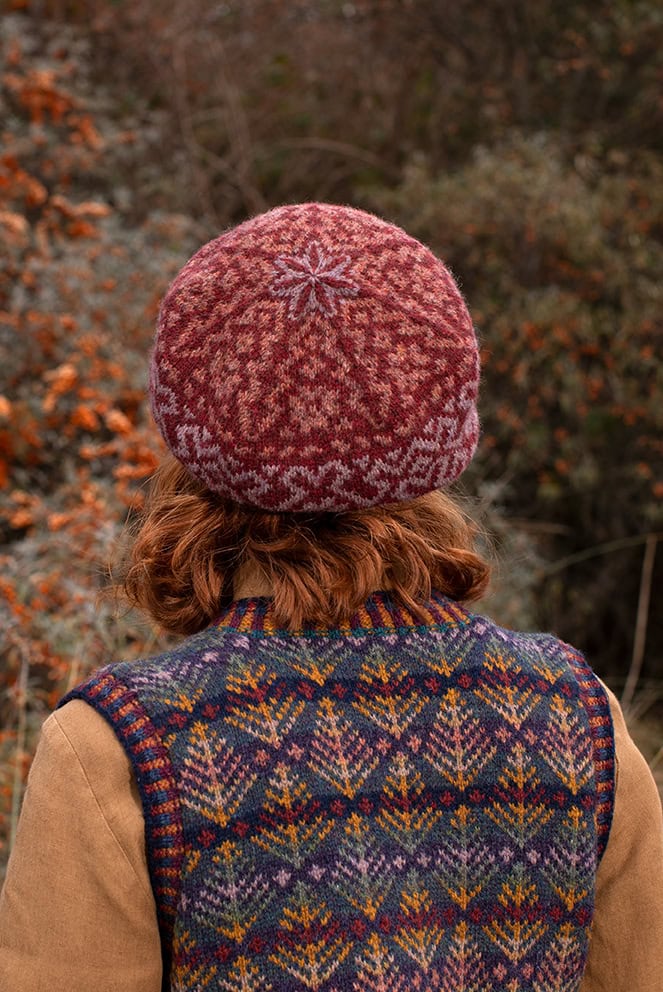 Casseopia Hat Set and Oregon Autumn Vest patterncard kit designs by Alice Starmore in Hebridean 2 Ply yarn