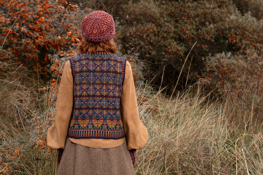 Casseopia Hat Set and Oregon Autumn Vest patterncard kit designs by Alice Starmore in Hebridean 2 Ply yarn