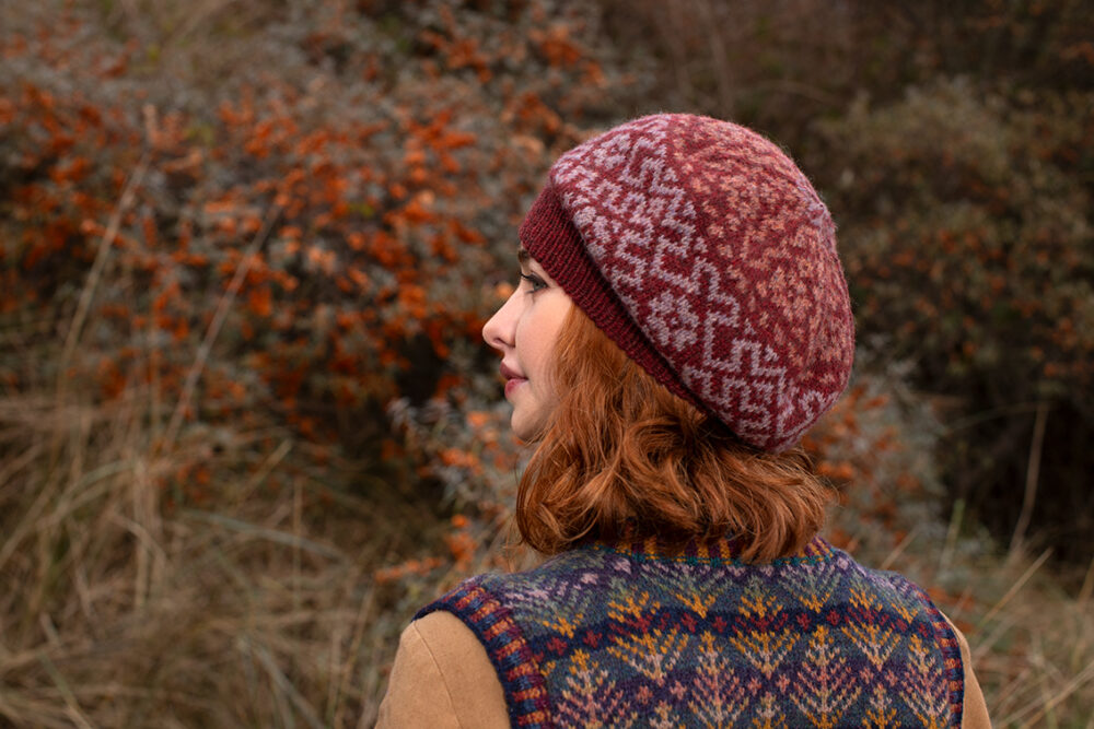 Casseopia Hat Set and Oregon Autumn Vest patterncard kit designs by Alice Starmore in Hebridean 2 Ply yarn