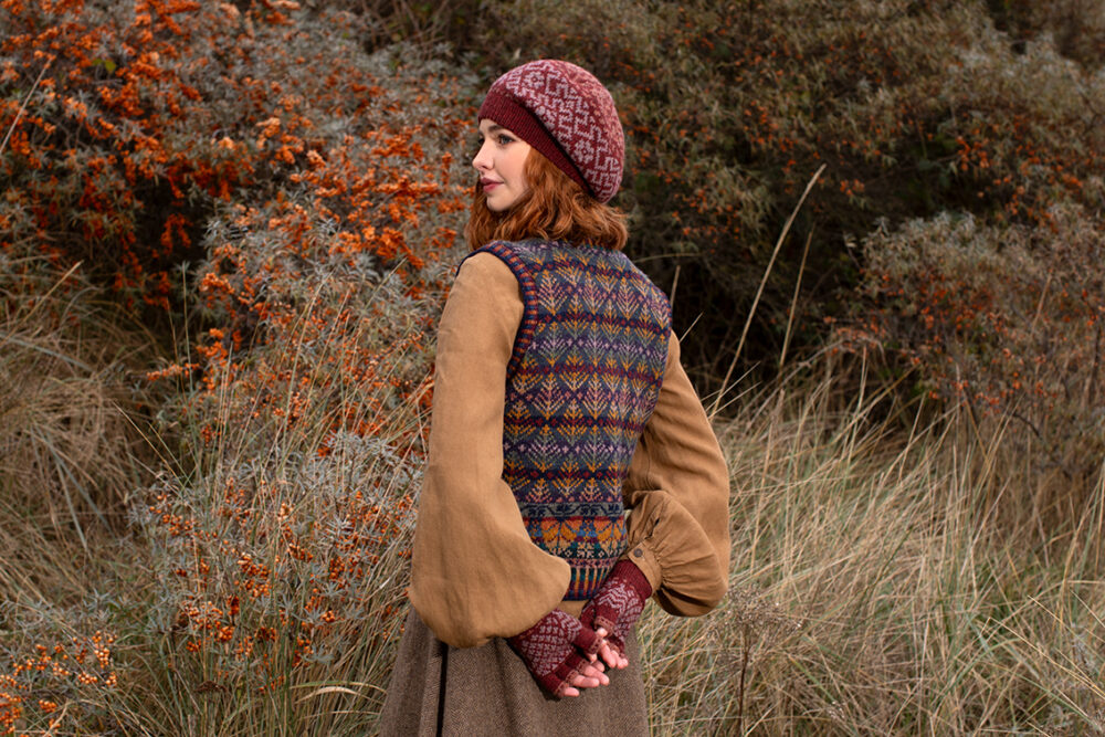 Casseopia Hat Set and Oregon Autumn Vest patterncard kit designs by Alice Starmore in Hebridean 2 Ply yarn