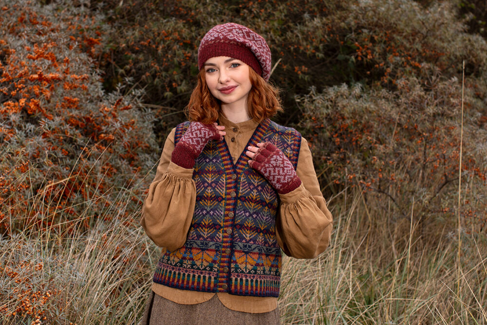 Casseopia Hat Set and Oregon Autumn Vest patterncard kit designs by Alice Starmore in Hebridean 2 Ply yarn