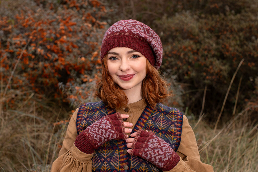 Casseopia Hat Set and Oregon Autumn Vest patterncard kit designs by Alice Starmore in Hebridean 2 Ply yarn