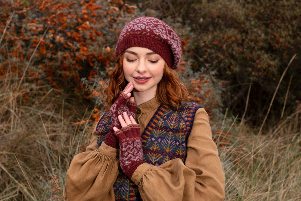 Casseopia Hat Set and Oregon Autumn Vest patterncard kit designs by Alice Starmore in Hebridean 2 Ply yarn