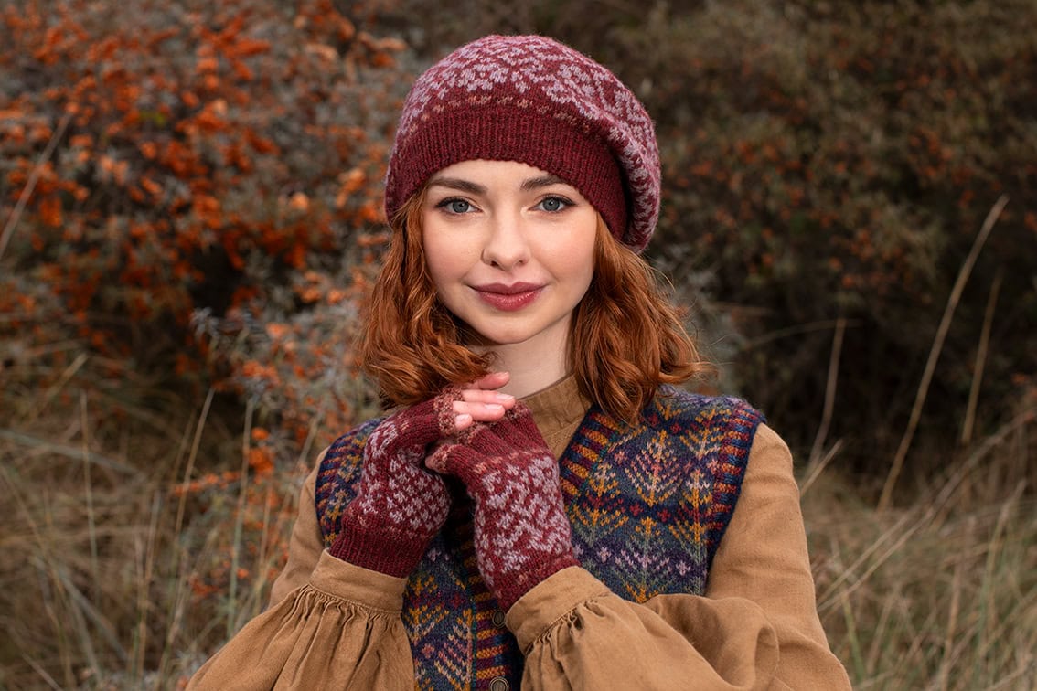 Casseopia Hat Set and Oregon Autumn Vest patterncard kit designs by Alice Starmore in Hebridean 2 Ply yarn