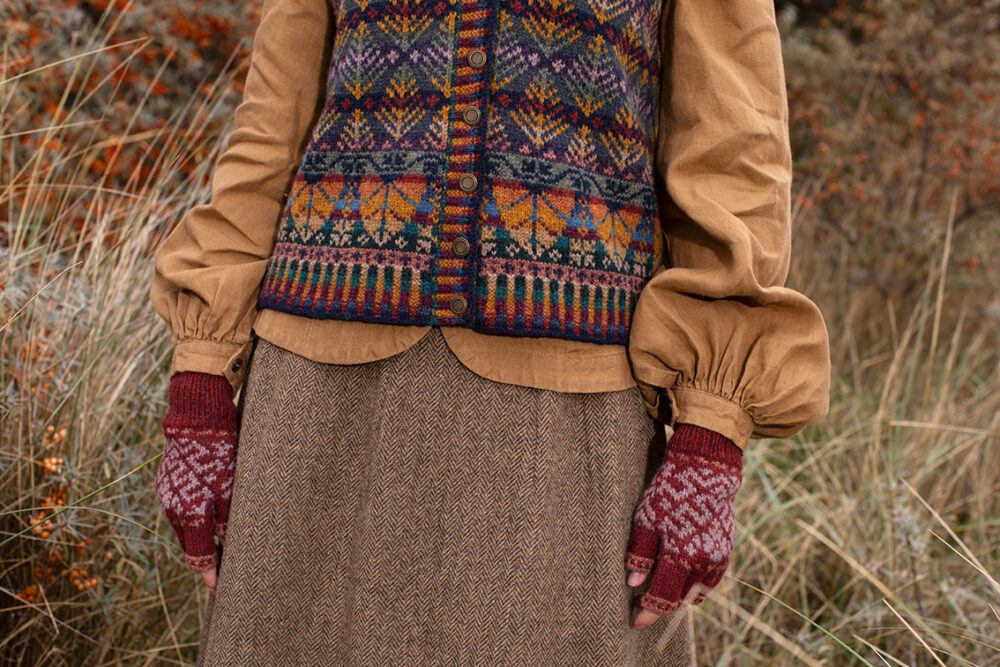 Casseopia Hat Set and Oregon Autumn Vest patterncard kit designs by Alice Starmore in Hebridean 2 Ply yarn