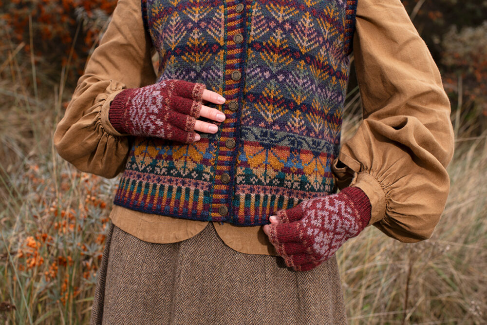 Casseopia Hat Set and Oregon Autumn Vest patterncard kit designs by Alice Starmore in Hebridean 2 Ply yarn