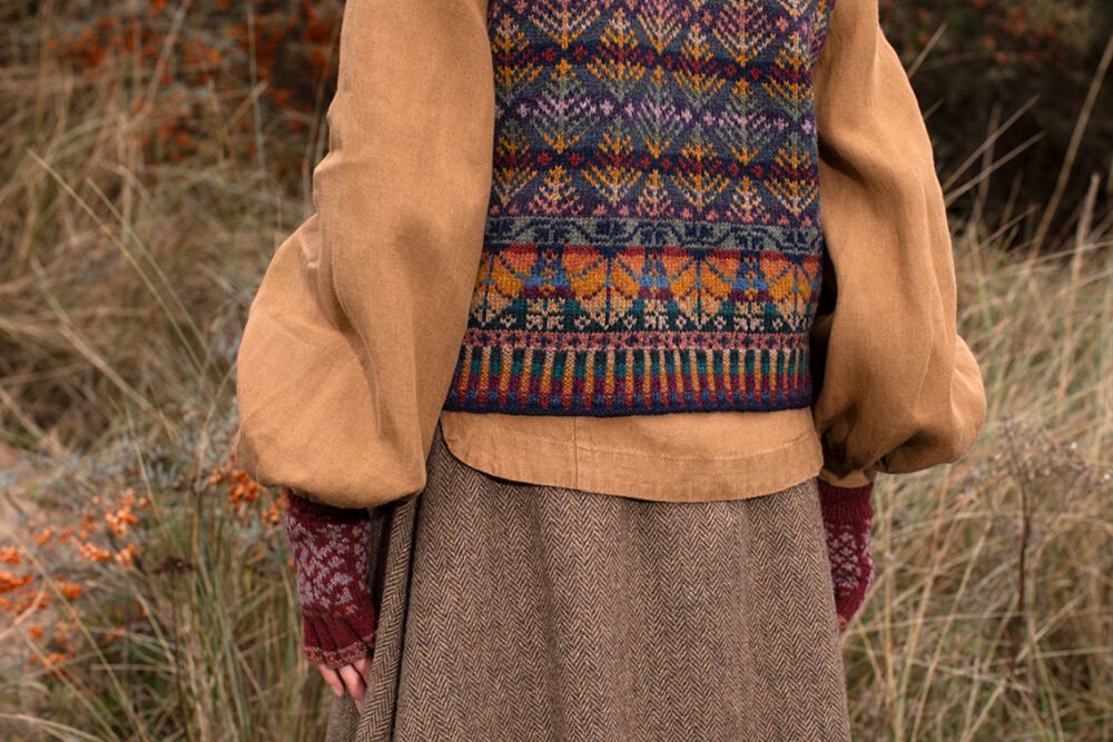 Casseopia Hat Set and Oregon Autumn Vest patterncard kit designs by Alice Starmore in Hebridean 2 Ply yarn