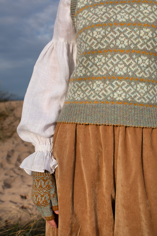 Cassiopiea Vest and Hirta Hat Set patterncard kit designs by Alice Starmore in Hebridean 2 Ply yarn