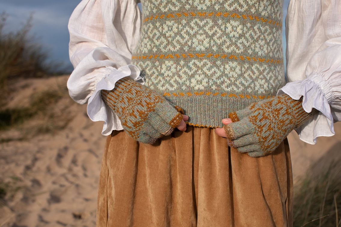 Cassiopiea Vest and Hirta Hat Set patterncard kit designs by Alice Starmore in Hebridean 2 Ply yarn