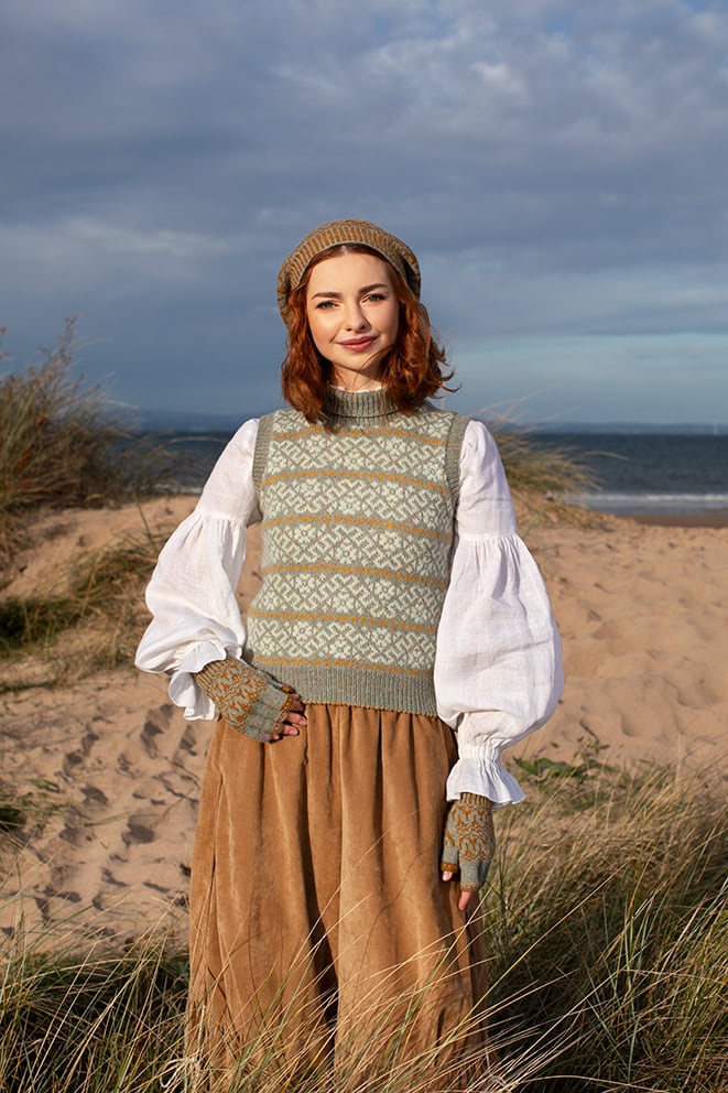 Cassiopiea Vest and Hirta Hat Set patterncard kit designs by Alice Starmore in Hebridean 2 Ply yarn