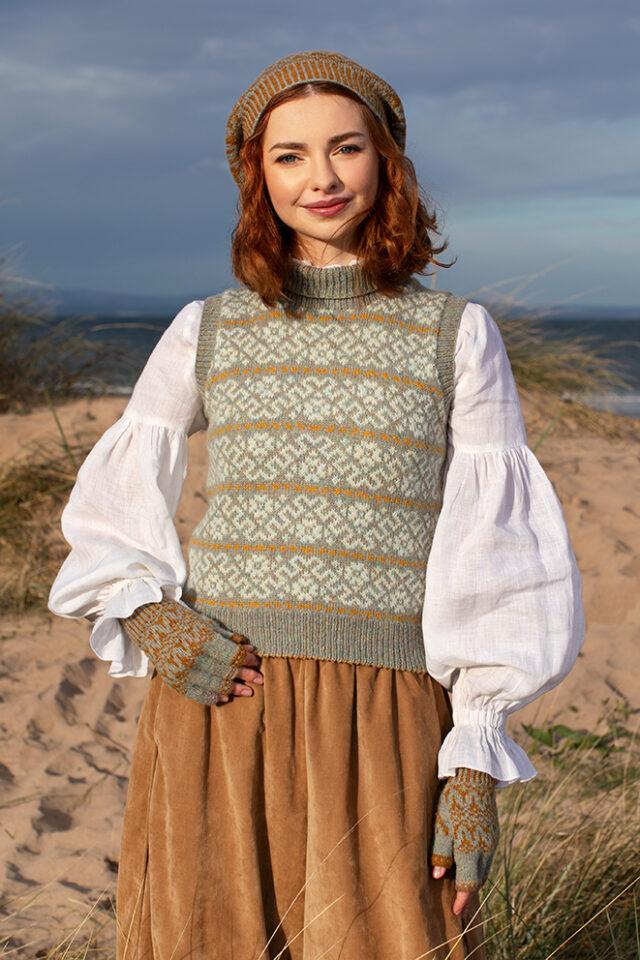 Cassiopiea Vest and Hirta Hat Set patterncard kit designs by Alice Starmore in Hebridean 2 Ply yarn