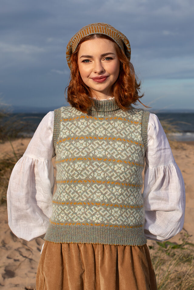 Cassiopiea Vest and Hirta Hat Set patterncard kit designs by Alice Starmore in Hebridean 2 Ply yarn