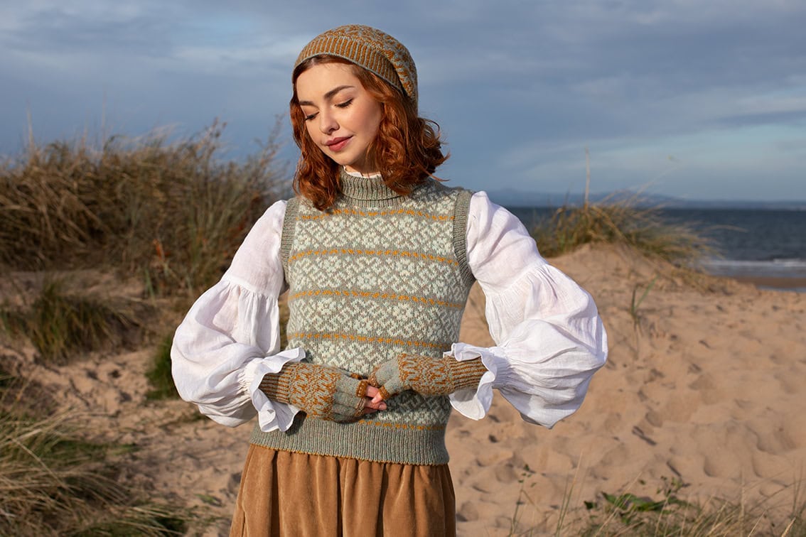 Cassiopiea Vest and Hirta Hat Set patterncard kit designs by Alice Starmore in Hebridean 2 Ply yarn