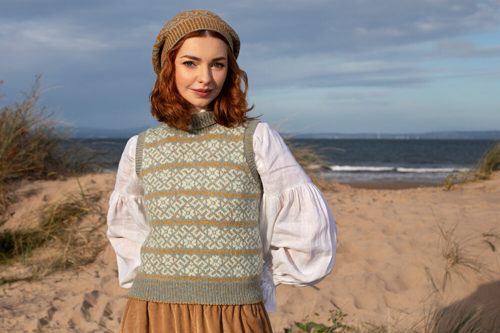 Cassiopiea Vest and Hirta Hat Set patterncard kit designs by Alice Starmore in Hebridean 2 Ply yarn