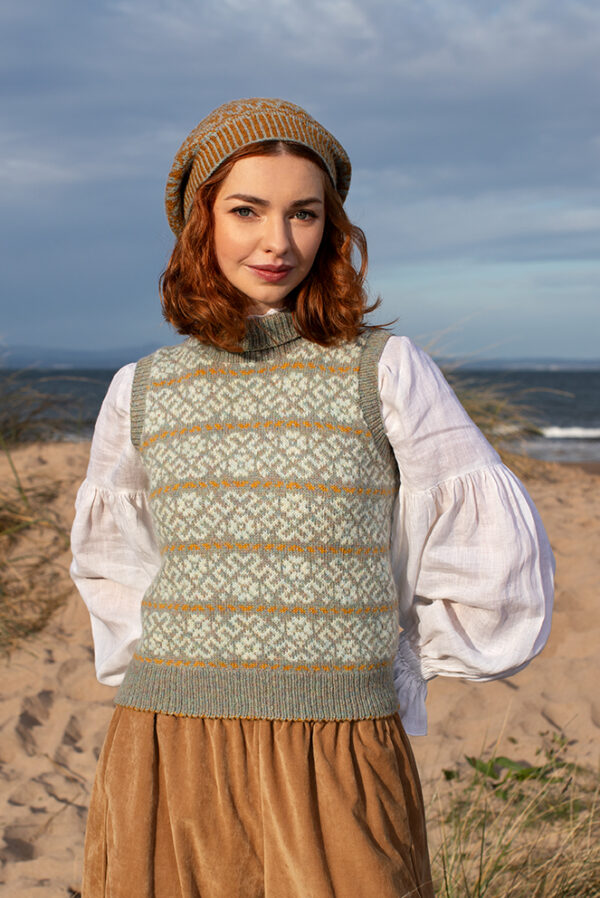 Cassiopiea Vest and Hirta Hat Set patterncard kit designs by Alice Starmore in Hebridean 2 Ply yarn