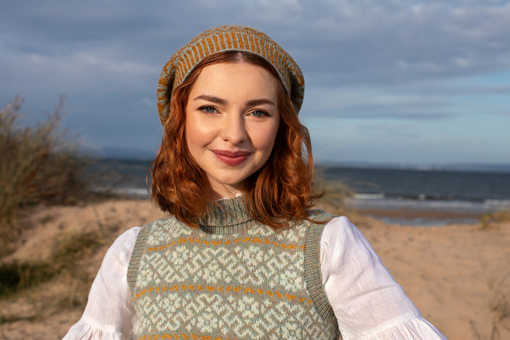 Cassiopiea Vest and Hirta Hat Set patterncard kit designs by Alice Starmore in Hebridean 2 Ply yarn