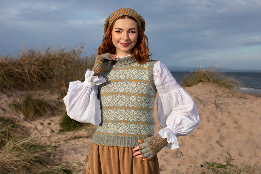 Cassiopiea Vest and Hirta Hat Set patterncard kit designs by Alice Starmore in Hebridean 2 Ply yarn