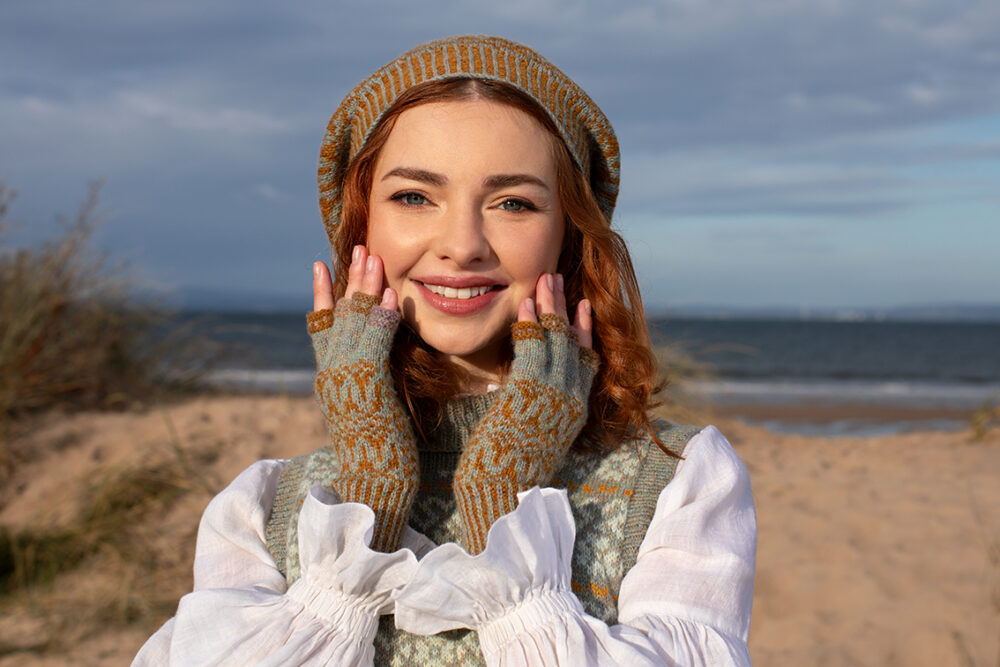 Cassiopiea Vest and Hirta Hat Set patterncard kit designs by Alice Starmore in Hebridean 2 Ply yarn